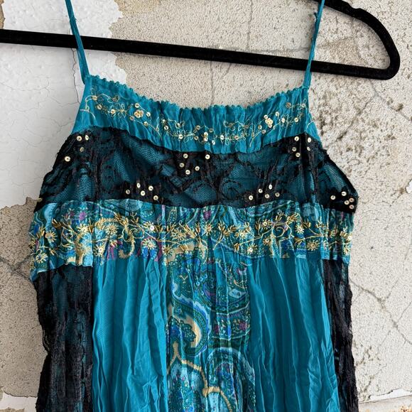 Fairycore Y2K Boho Flowy Top Sheer Lace Trim Teal Paisley Crinkle Size Small - Picture 3 of 6